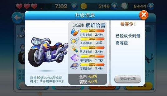天天酷跑紫焰哈雷满级属性