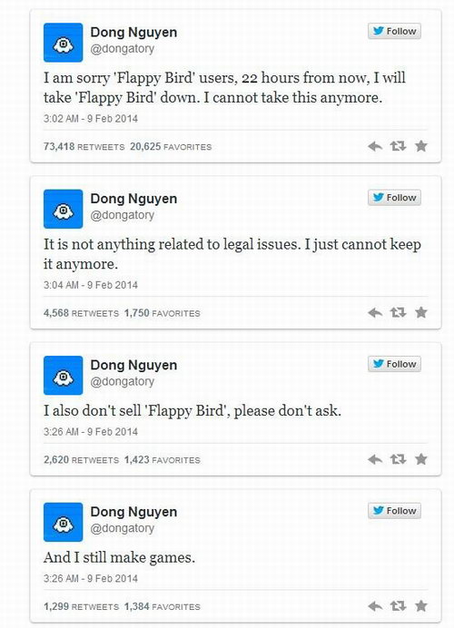 令人意外！爆红游戏flappy bird宣布下架 