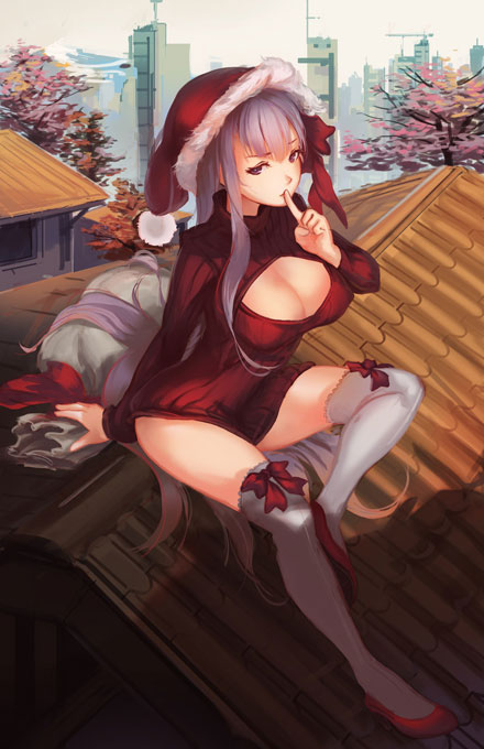 二次元高领开胸毛衣美少女美图(13)