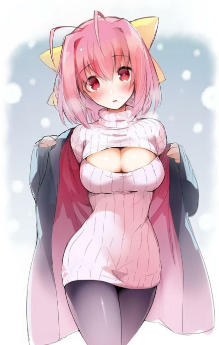 二次元高领开胸毛衣美少女美图三(13)