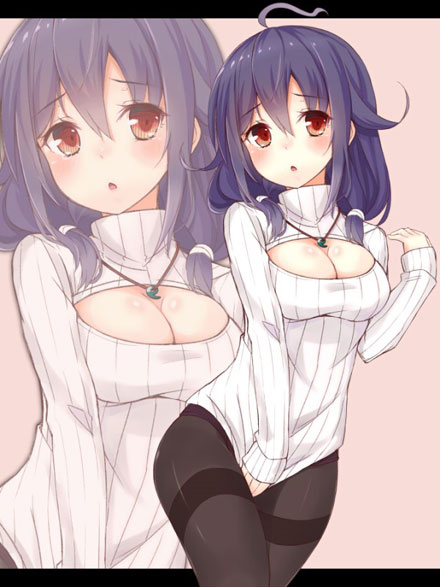 二次元高领开胸毛衣美少女美图三(15)